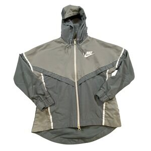 Nike Windbreaker Jacket Hooded‎ Lightweight Gray White Zip Up Athletic